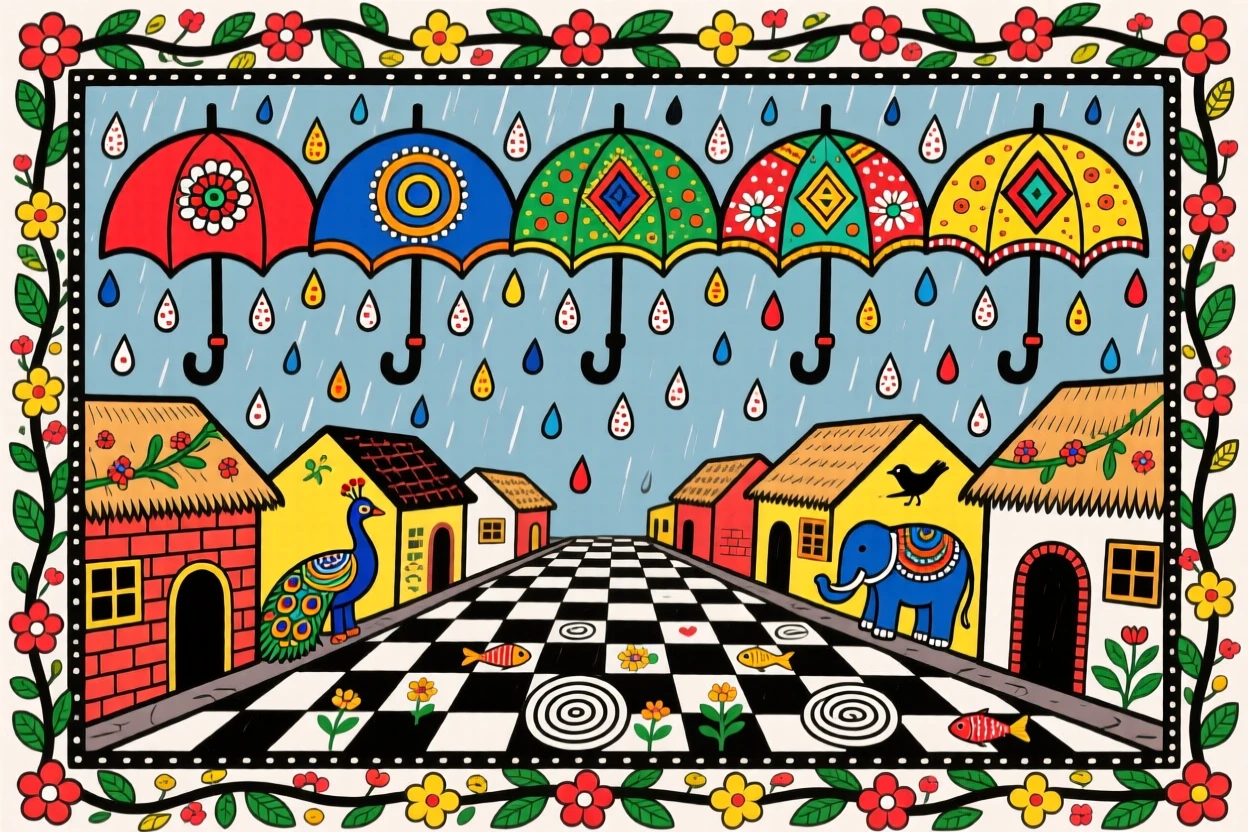 A row of colorful umbrellas floating above a rainy village street.