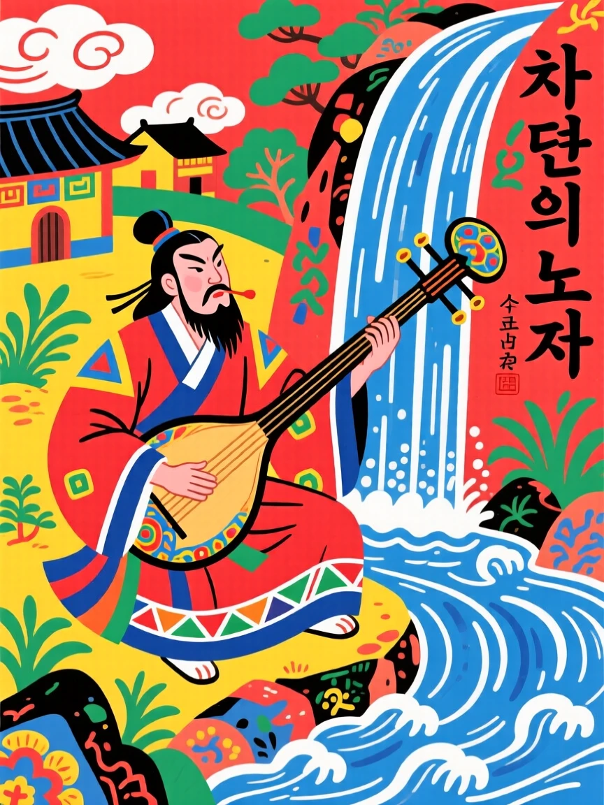 A village shaman playing a haunting melody on an ancient string instrument beside a waterfall, during a light