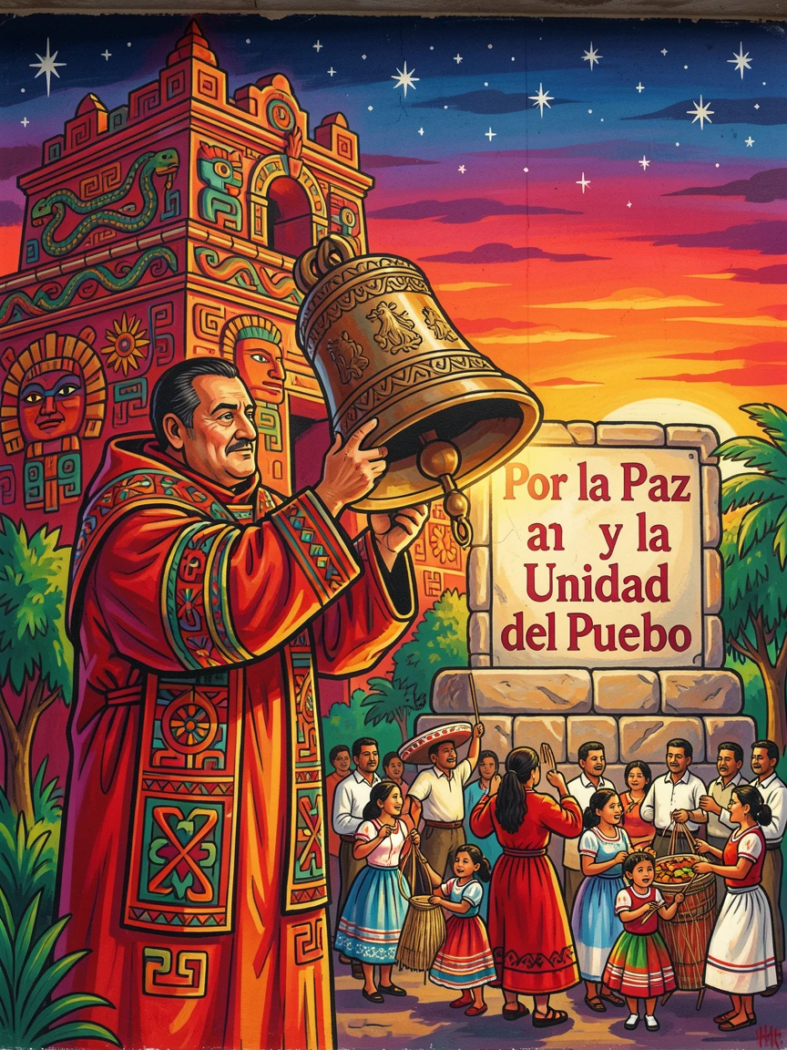 A monk ringing a temple bell at sunset