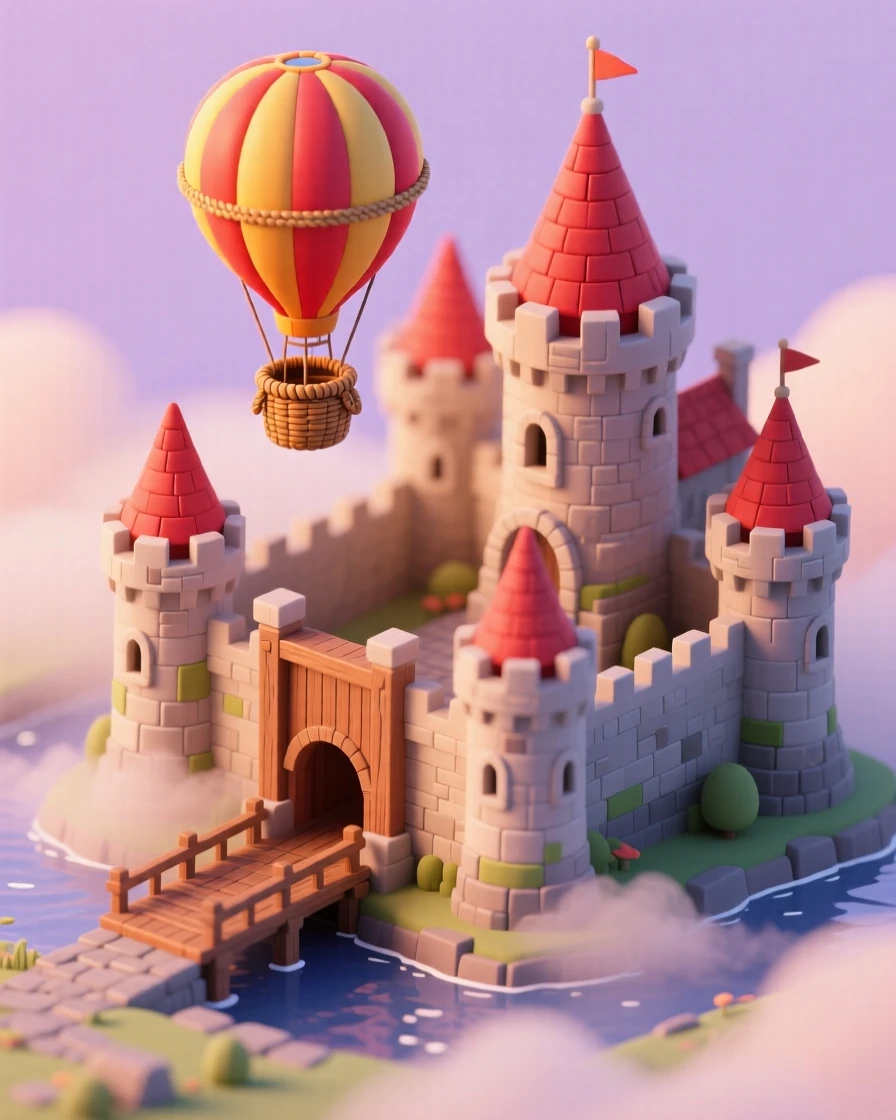 A hot air balloon floating over a medieval castle at dawn, mist curling around the towers below as the sun rises.