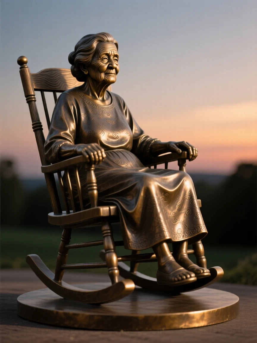 A grandmother rocking gently in her chair at dusk, with a serene, contemplative gaze, forming a strong central focal point