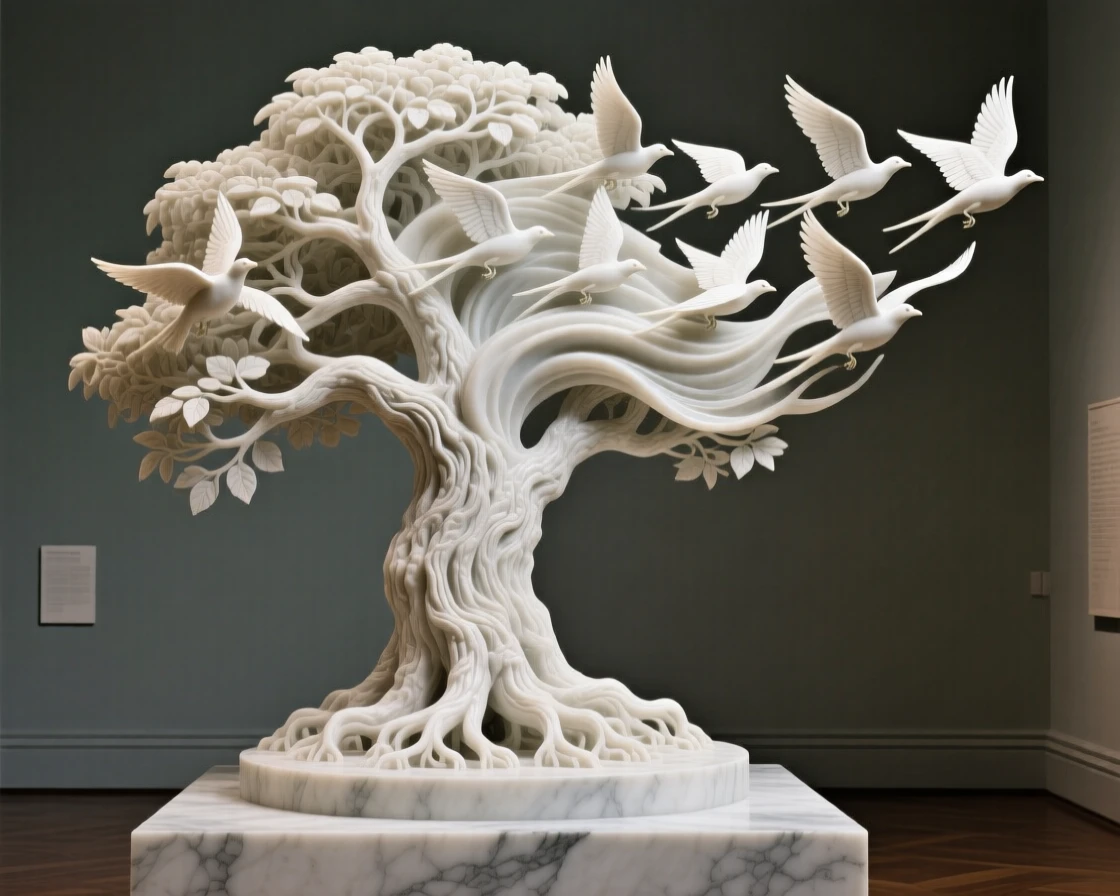 A striking, imaginative composition featuring a tree whose branches transform into flying birds, blending realism with dreamlike wonder