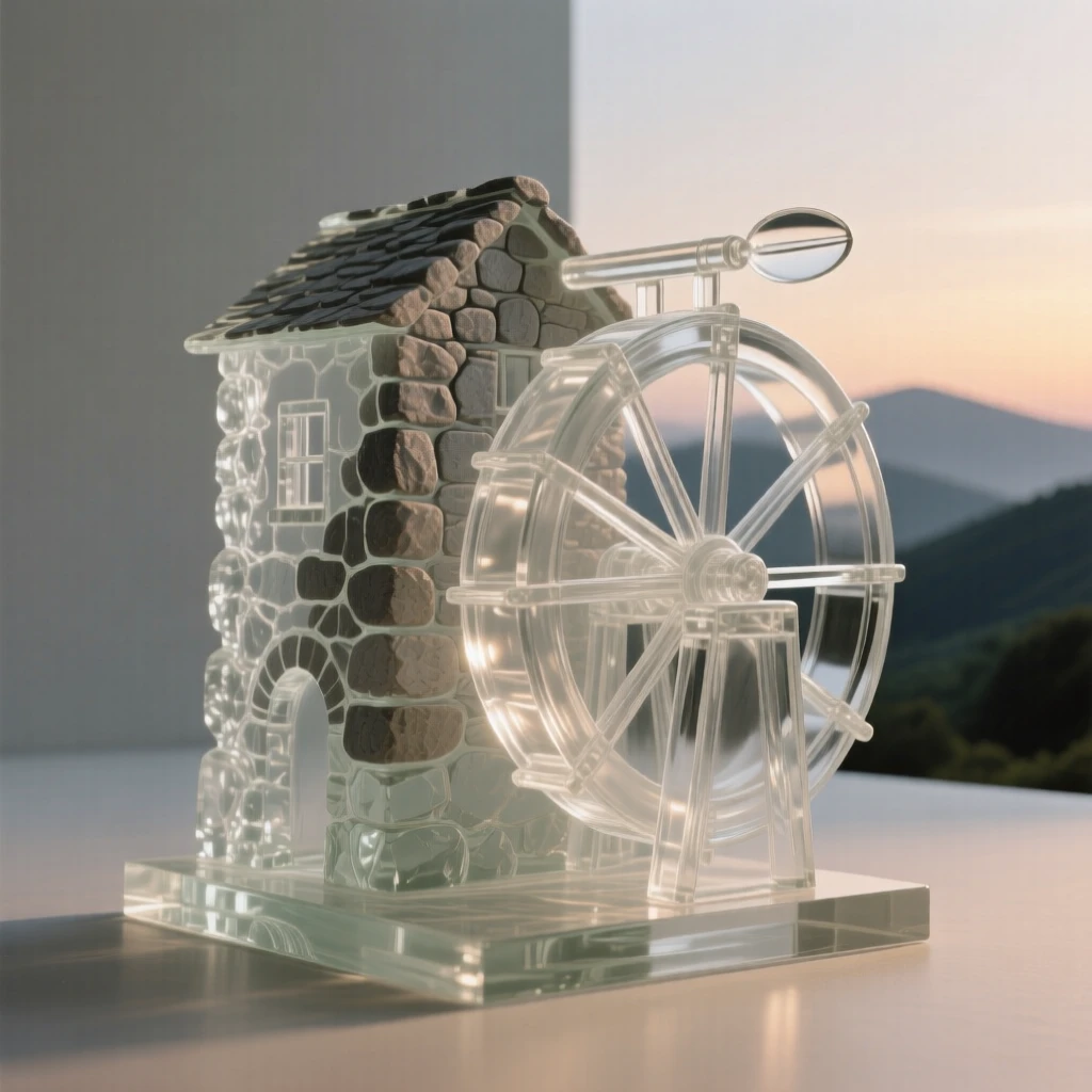 An old stone mill beside a slow-turning water wheel, with distant hills fading into the evening haze