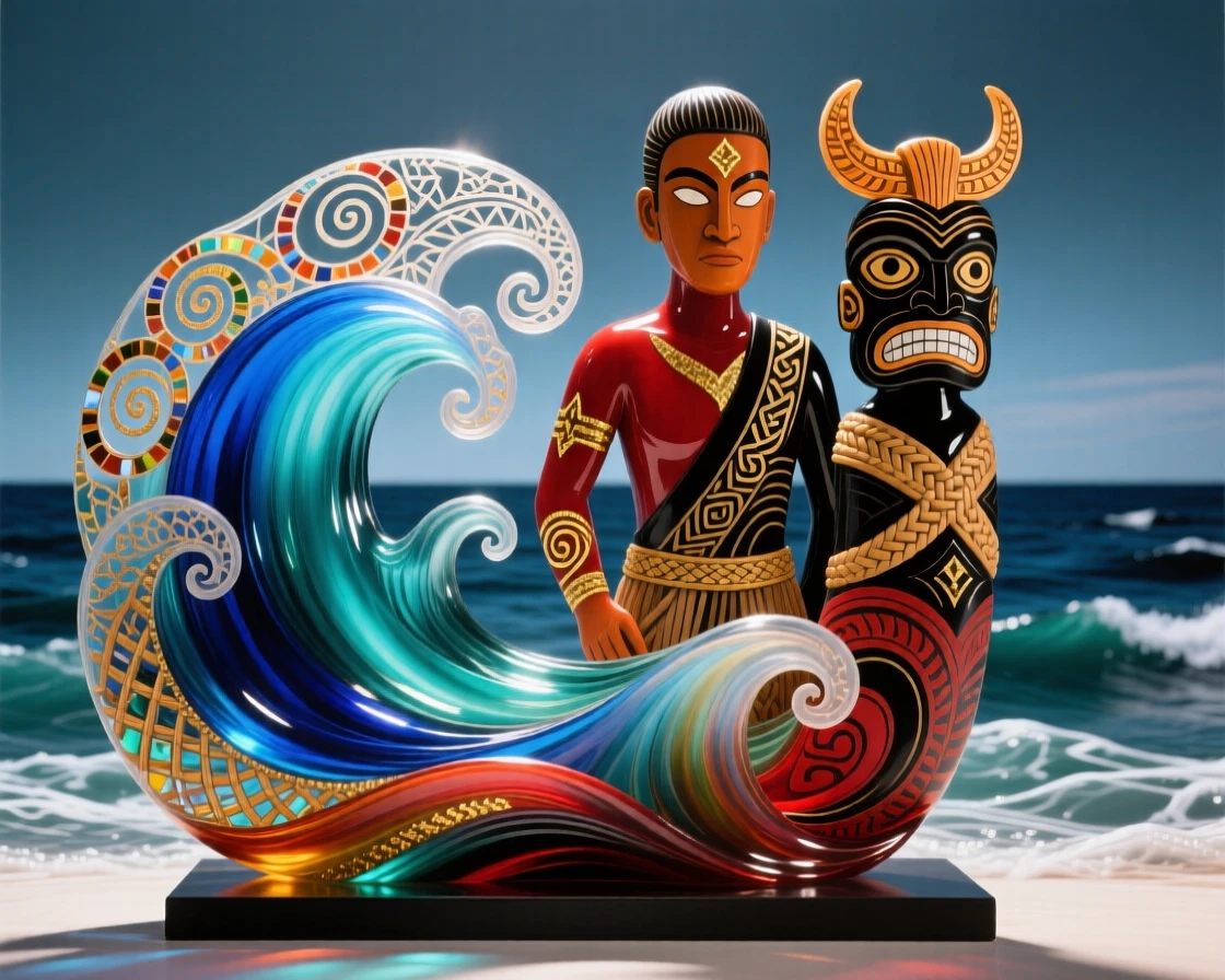 A traditional Maori carving depicting ancestral spirits by the ocean, powerful and cultural.