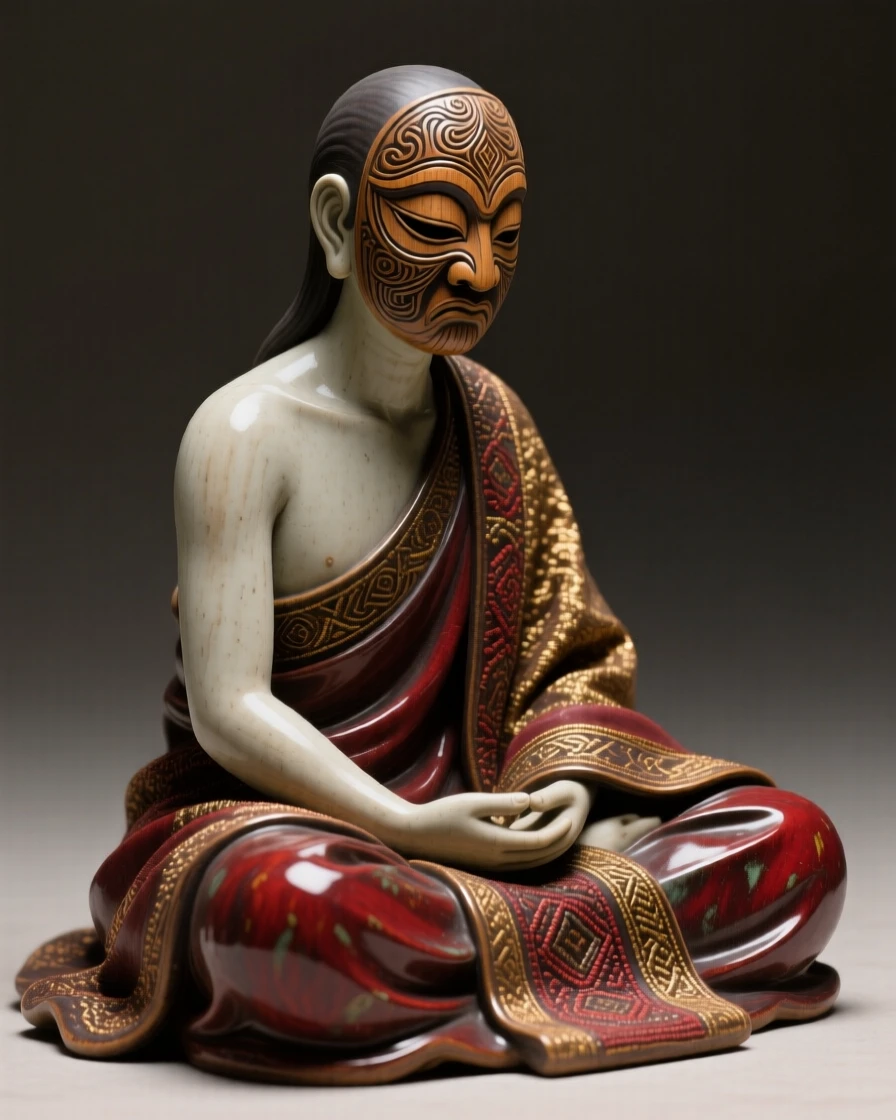 A mask-wearing ceremonial dancer seated in quiet, contemplative repose, draped in richly embroidered ceremonial cloth, evoking reverence for ancient tradition.