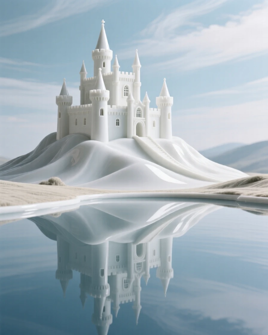 A hilltop castle reflected in a still moat, framed by a dramatic sky.