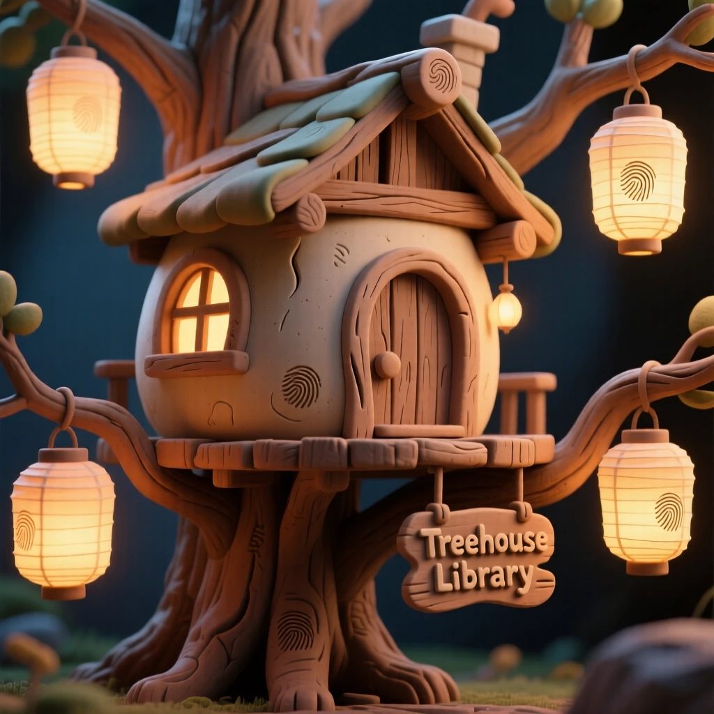 A treehouse library nestled among glowing paper lanterns