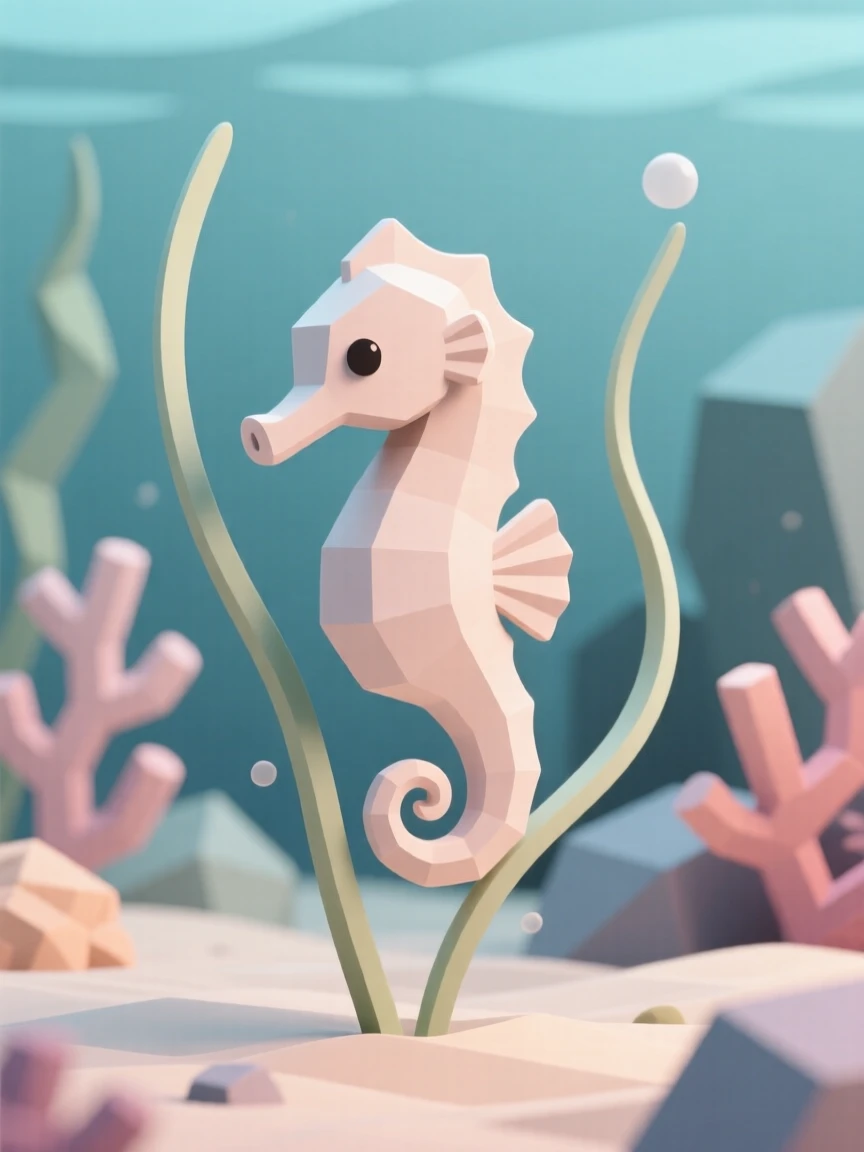A tiny seahorse curls its tail gently around a strand of swaying seagrass in a coral reef.