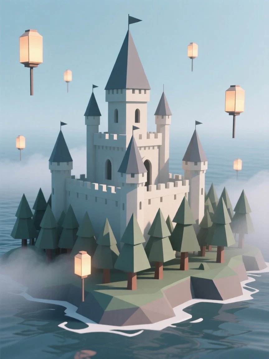 A castle rising from a sea of fog, within a forest lit by floating lanterns. the scale of the scene emphasizes its grandeur. A sense of quiet enchantment fills the air.