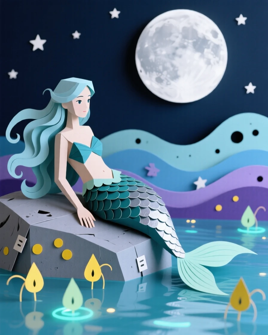 A moonlit mermaid resting beside a glowing mystical lake, with glowing particles floating like fireflies, capturing dramatic tension and adventure.