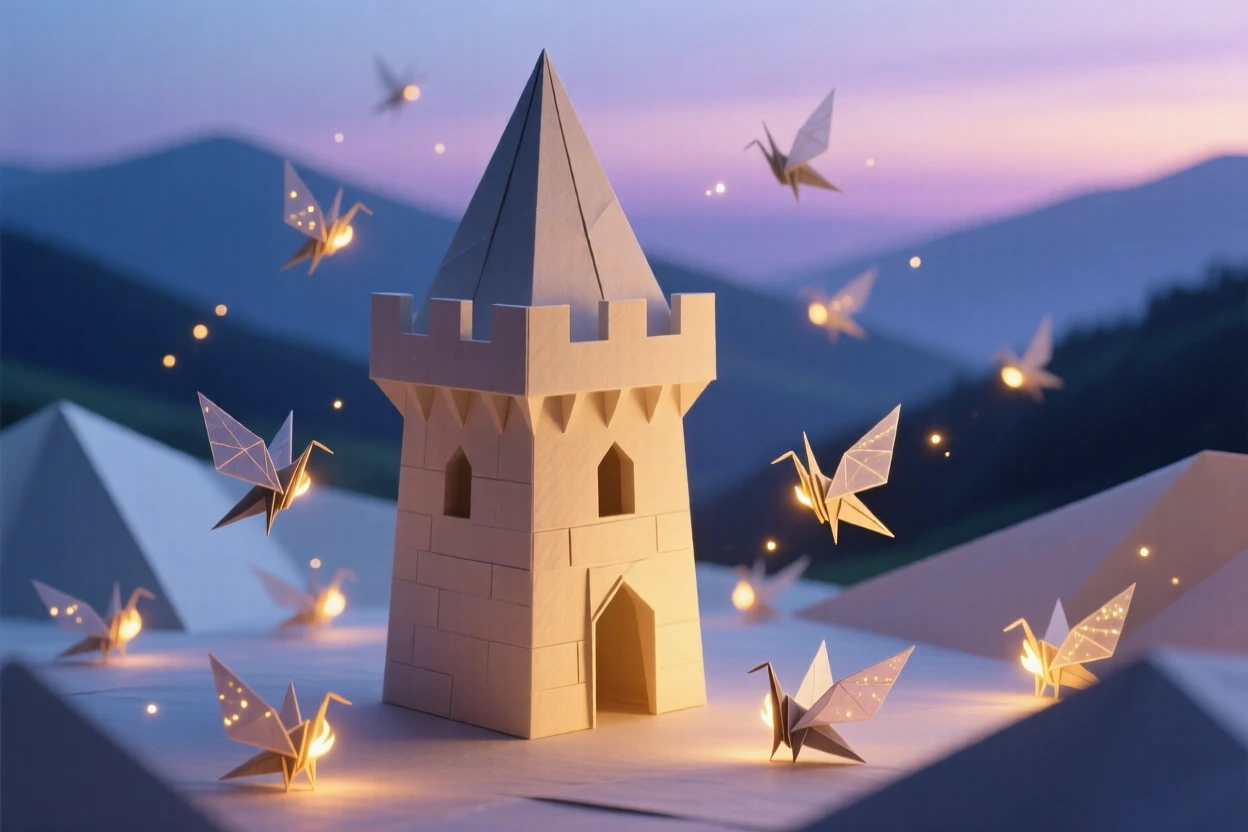 A castle tower wrapped in twinkling fireflies as dusk settles over the valley below.