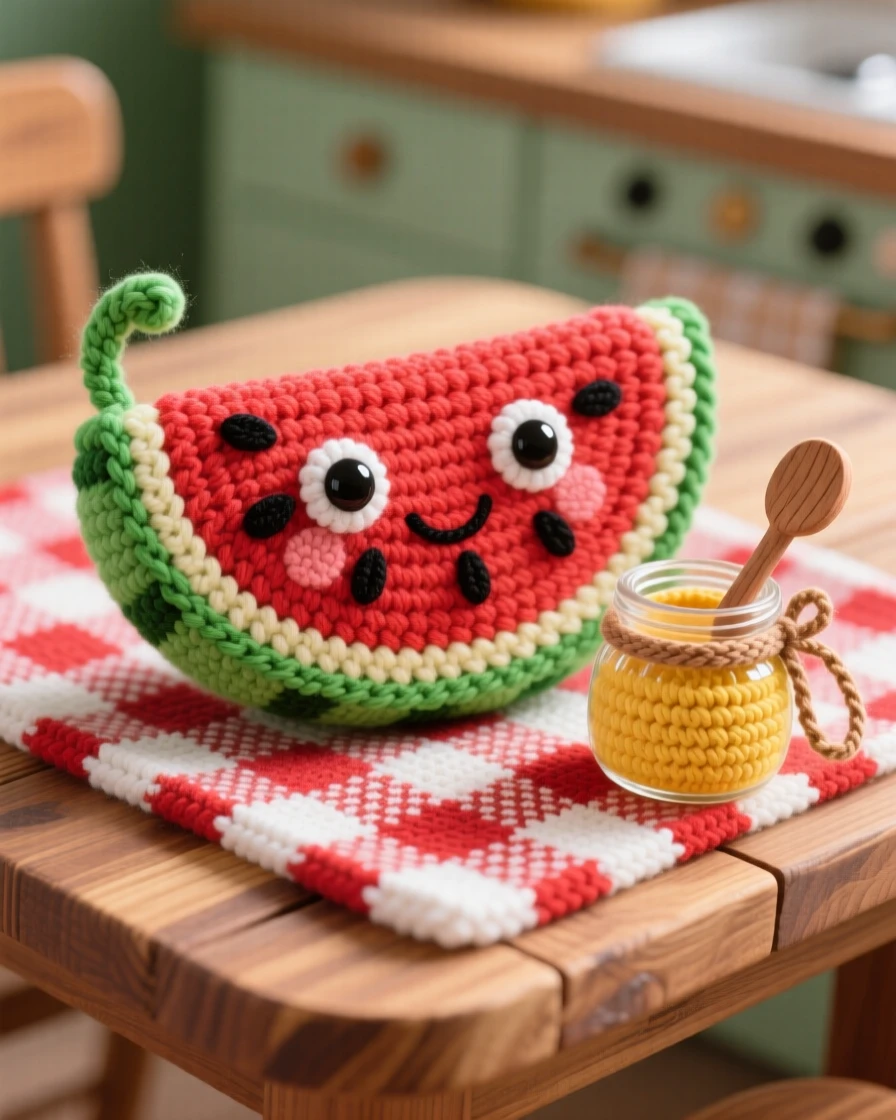 a cheerful slice of watermelon, with glistening seeds and a bright rind, resting on a checkered picnic blanket, displayed in a rustic wooden kitchen table, with a small jar of honey with a wooden dipper, radiating bright, appetizing cheerfulness.