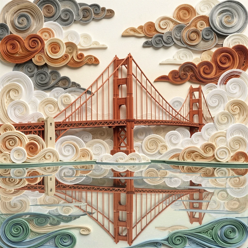 the Golden Gate Bridge emerging from rolling fog, beneath dramatic clouds catching the last light of day, shown reflected symmetrically in calm water below, in warm terracotta and cream architectural tones.