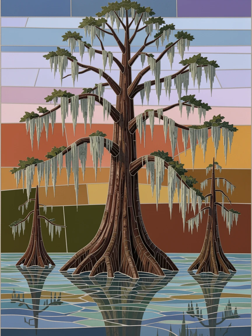 A majestic bald cypress swamp draped in soft hanging moss.