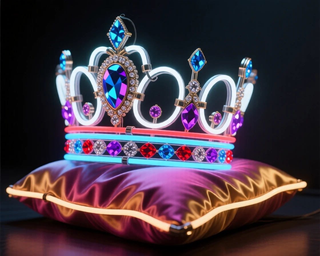 A jeweled tiara resting on a satin cushion.