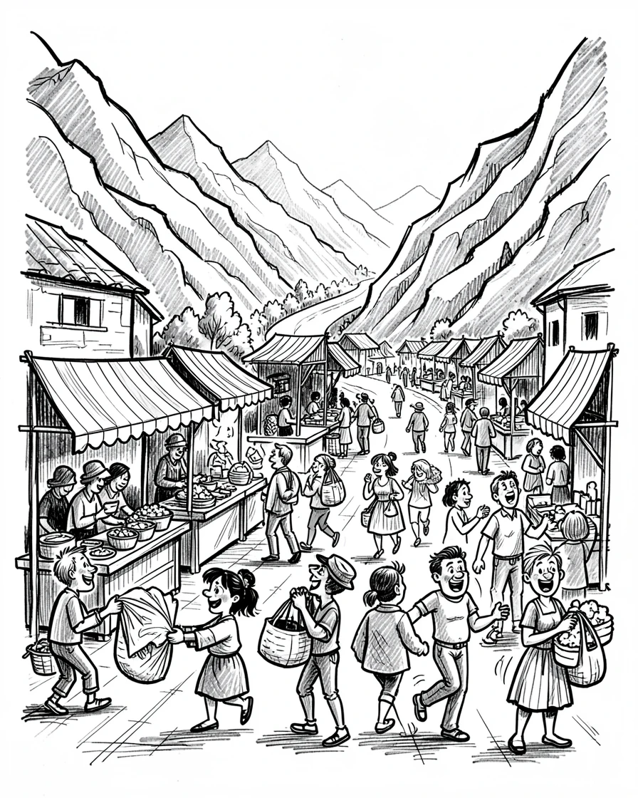 A bustling street market with striped awnings beside a winding mountain road.