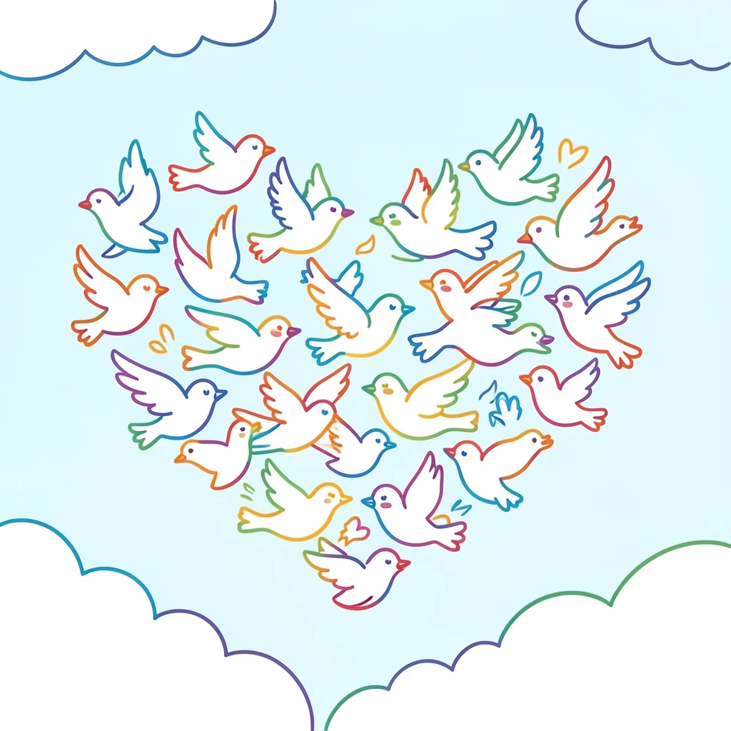 A flock of birds forming the shape of a heart against an open sky.