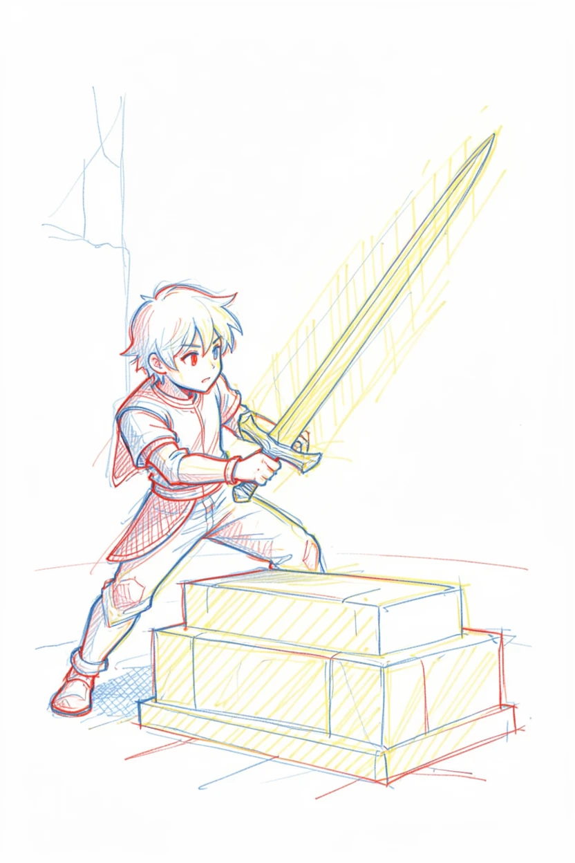 A young hero drawing a glowing sword from an ancient stone altar