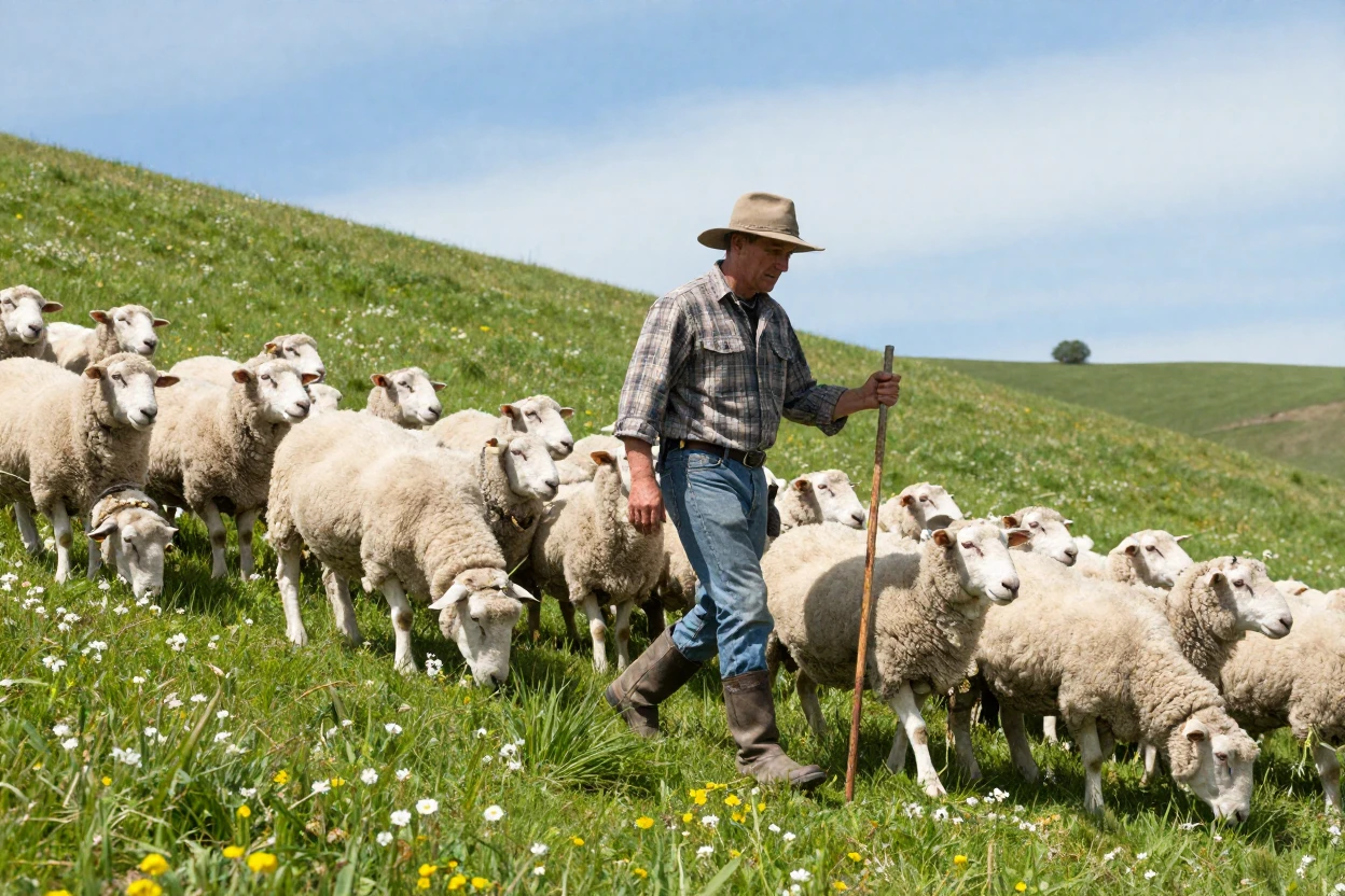 A shepherd herding sheep across a green hillside
