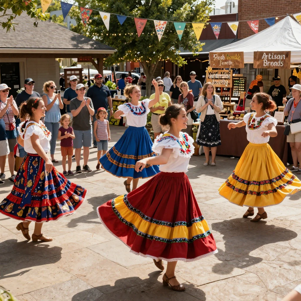 Dancers spin in wide skirts during a folk festival in a sunlit plaza.