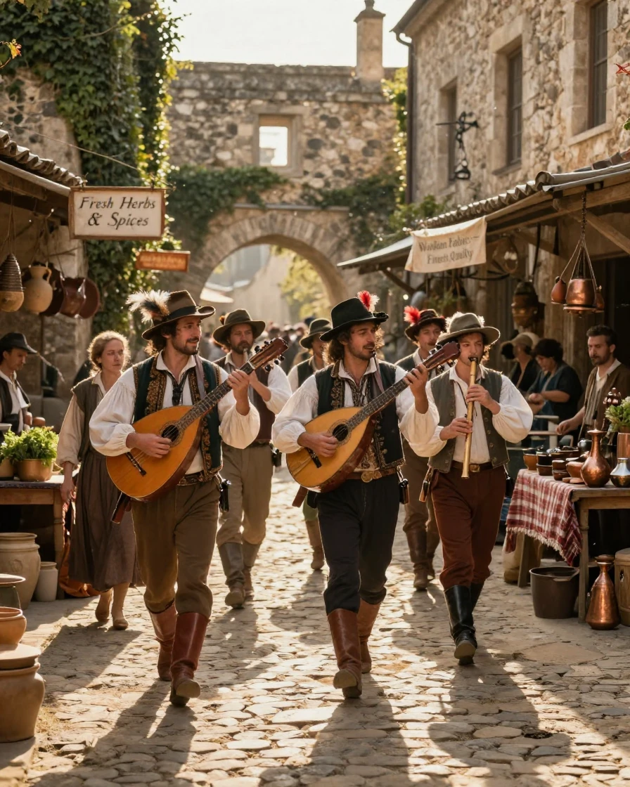 A troupe of Renaissance musicians making their way through an old stone marketplace