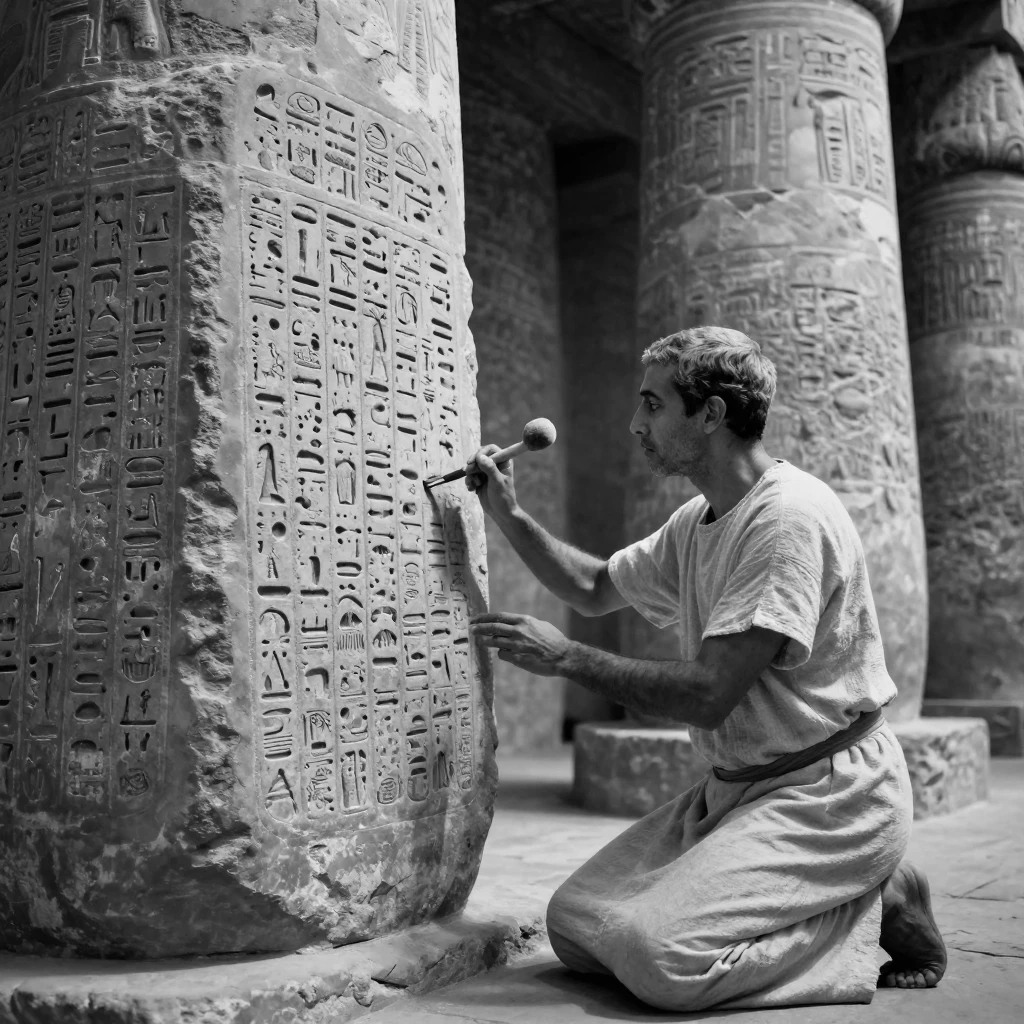 An ancient Egyptian scribe inscribes hieroglyphs onto stone tablets beside towering stone columns.