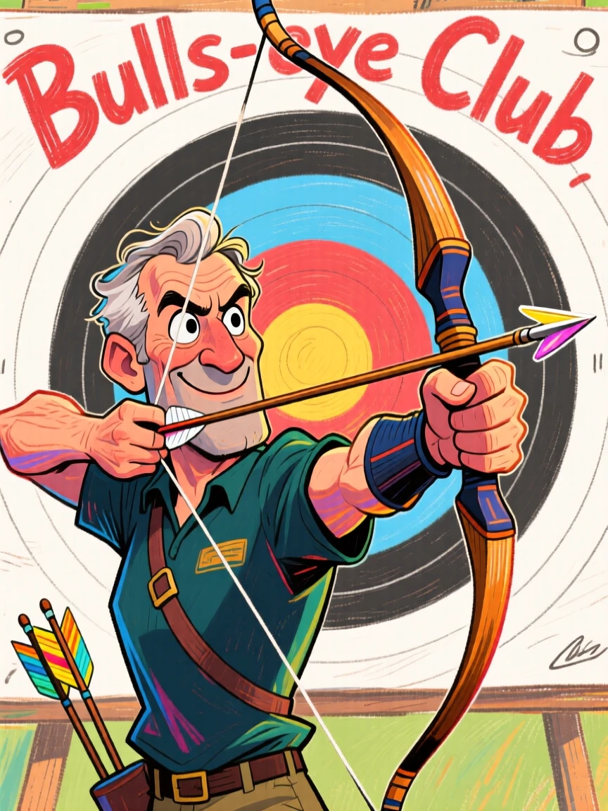 An archery instructor drawing back a bowstring, arrow aimed steadily at a target.