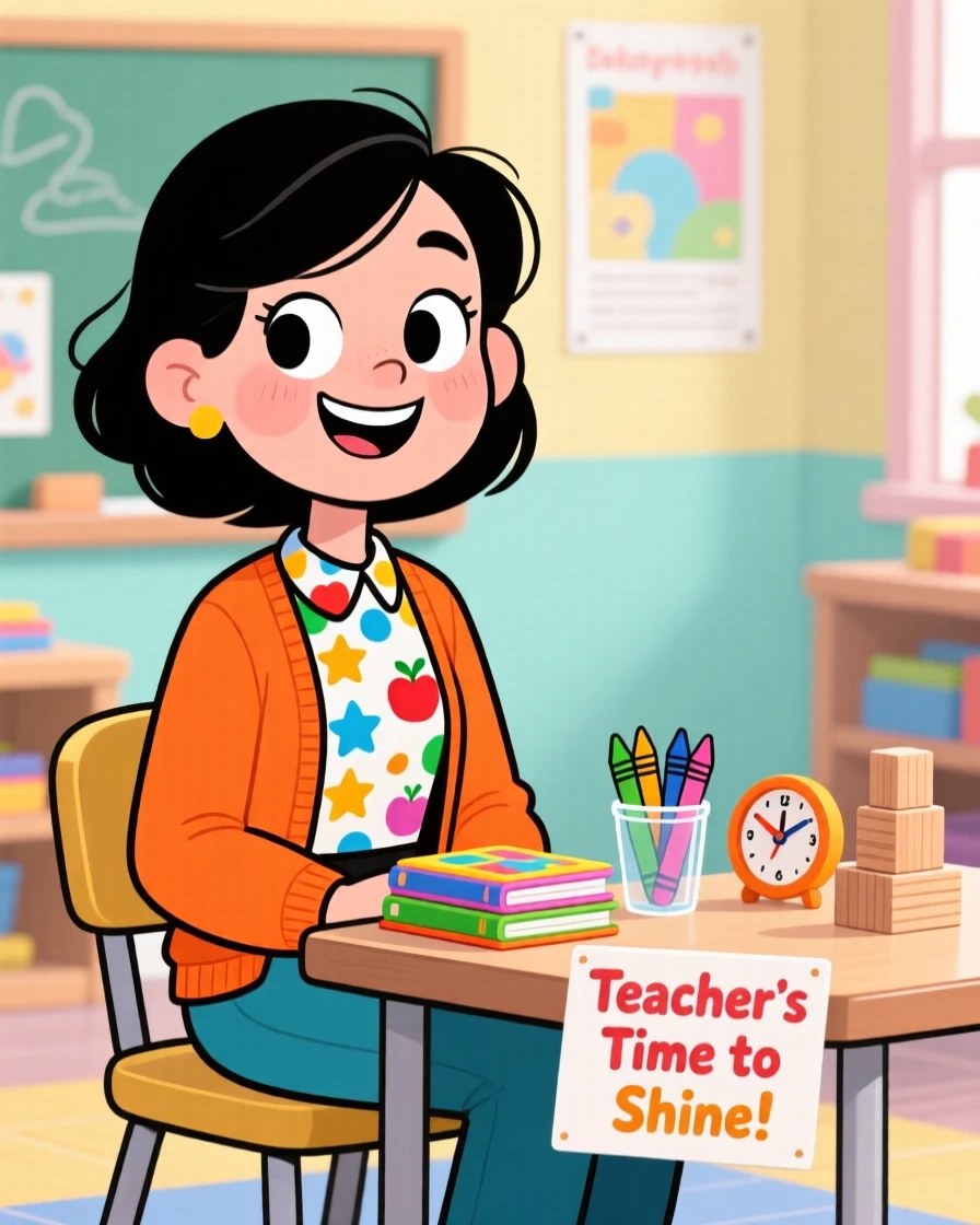 A vibrant profession-themed portrait of a patient kindergarten teacher taking a well-earned break with a proud grin, with tools neatly arranged nearby.