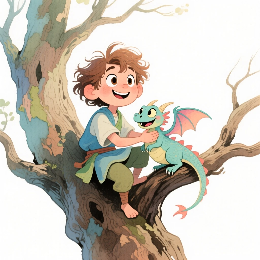 A dragon tamer perched atop a towering ancient tree