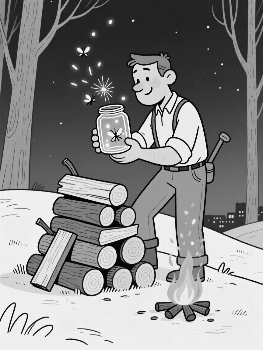 A woodsman stacking a wobbly tower of firewood, cupping the jar gently to peek at the glowing bugs, set atop a hill far from city lights. Sparks drift upward into the night sky. The scene celebrates nature's simple, joyful surprises.