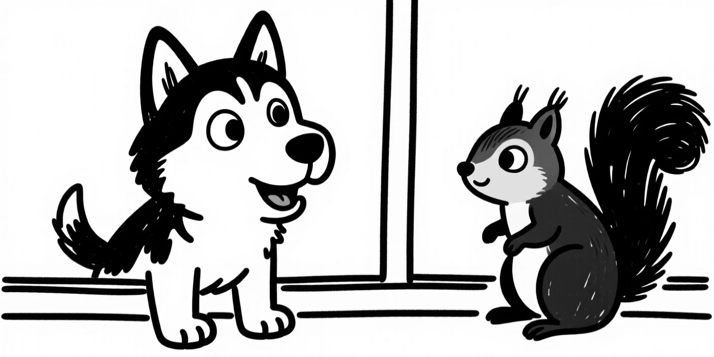 A husky puppy watching a squirrel through a window, paws pressed to the glass.