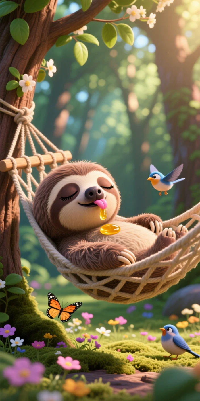 A baby sloth is snoozing in a hammock strung between two trees, licking a drop of honey off its nose. Innocent curiosity shines through the moment, with soft shadows framing the scene.