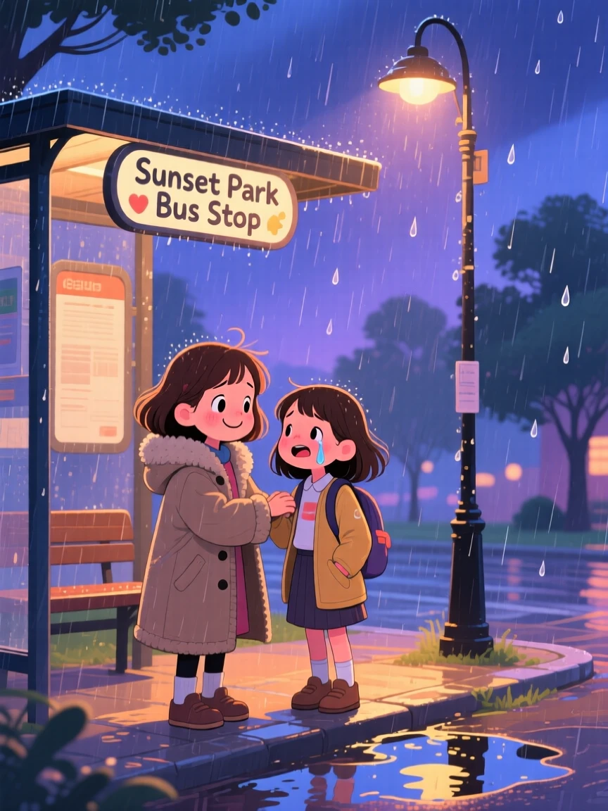 A girl and a shy new classmate share a tender moment sharing a warm coat on a chilly evening in a rainy bus stop, with tears turning quickly into laughter.