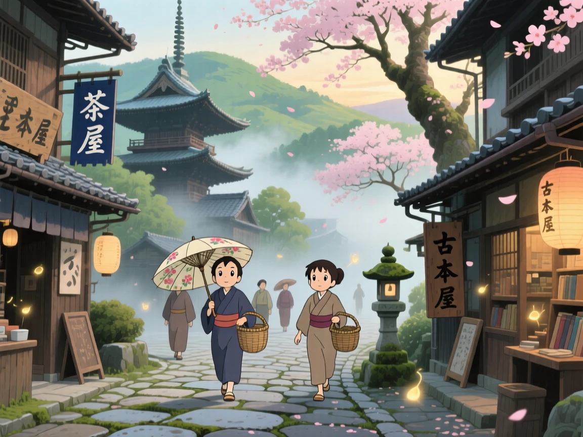 A scenic view of an ancient temple town wreathed in morning mist, as locals stroll along winding cobblestone lanes.