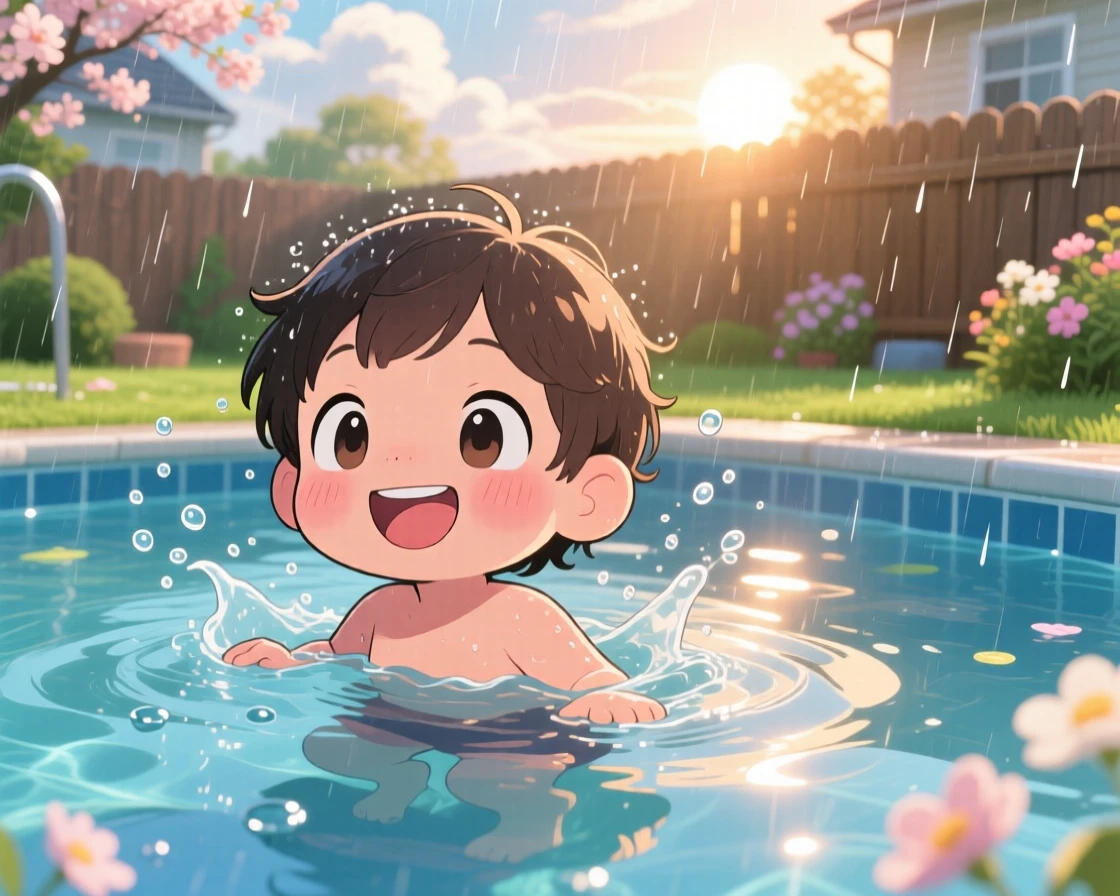 In a backyard summer pool, a child is swimming happily in a sunlit pool during a gentle spring rain shower, bathed in rays of sunrise breaking through clouds, expression full of wide-eyed wonder. Shot as a medium shot.