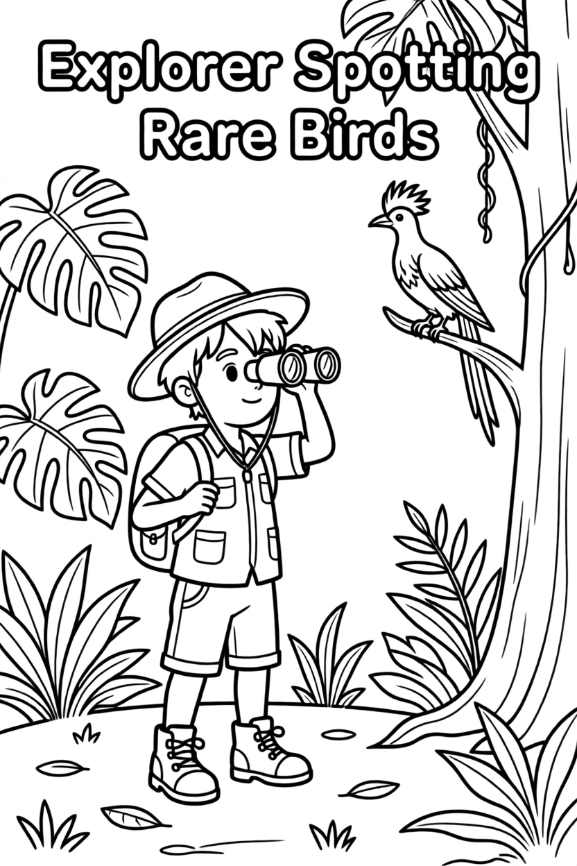 An explorer using binoculars to spot rare birds in the jungle