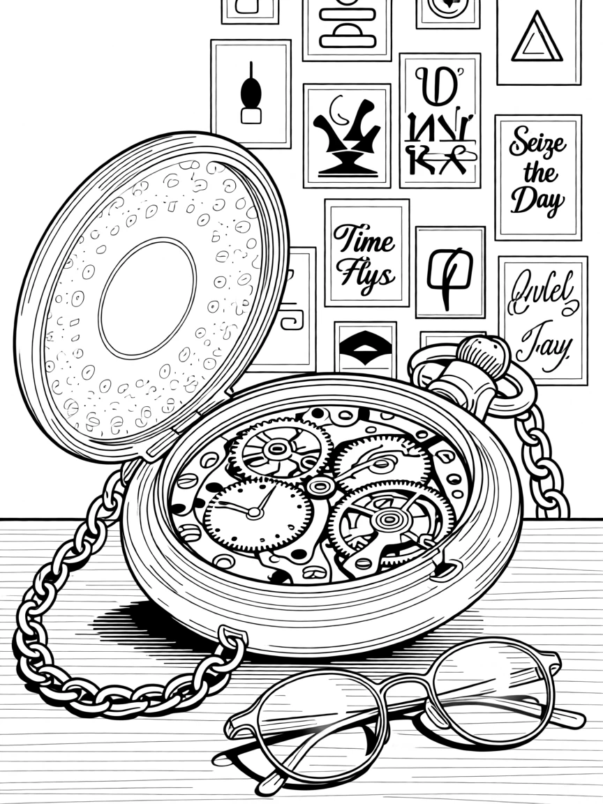 A pocket watch with an open case revealing intricate gears, with a poster wall visible in the background.