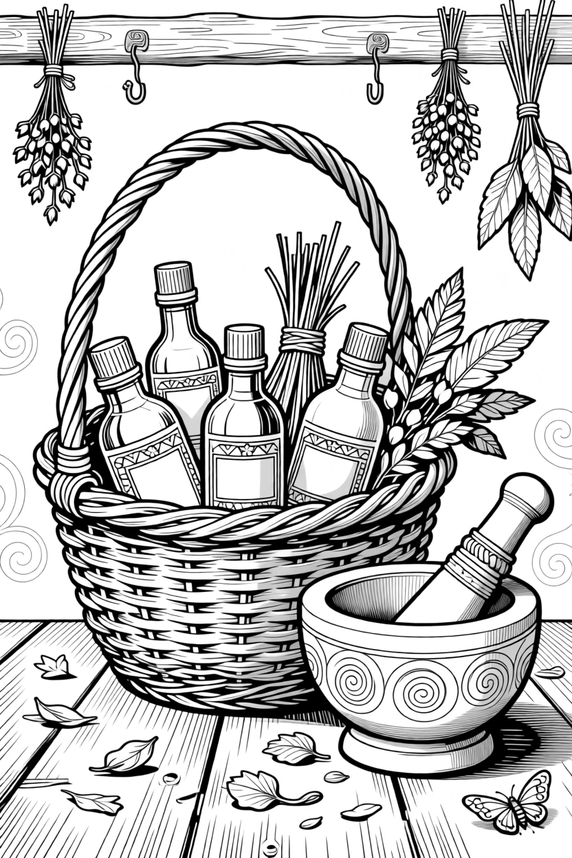 A basket of essential oils, dried herbs, and a mortar and pestle.