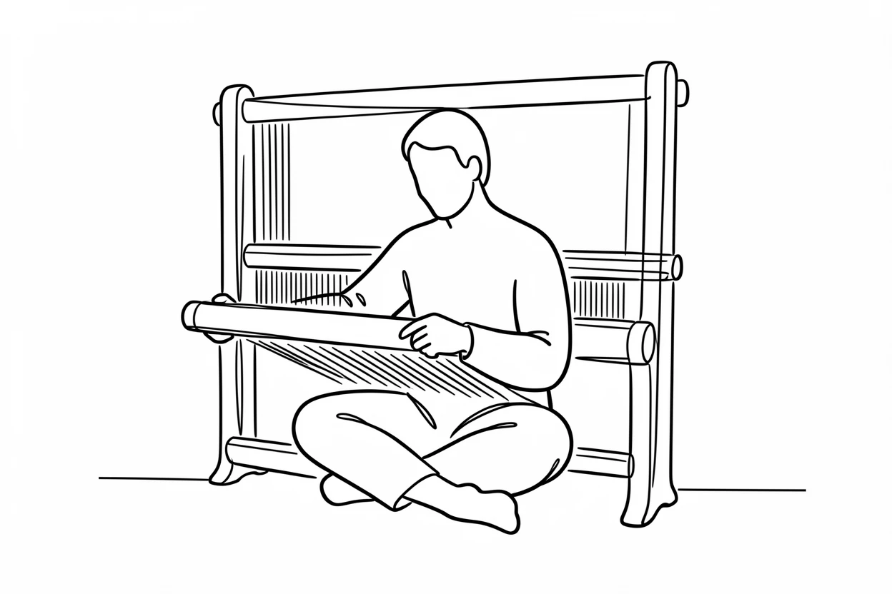 A traditional Persian carpet weaver working at a large wooden frame