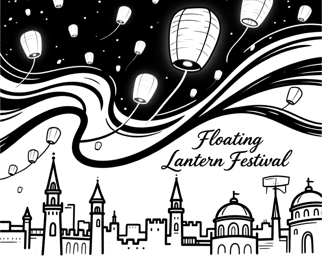 A floating lantern festival lighting up a night sky above a fantasy city.