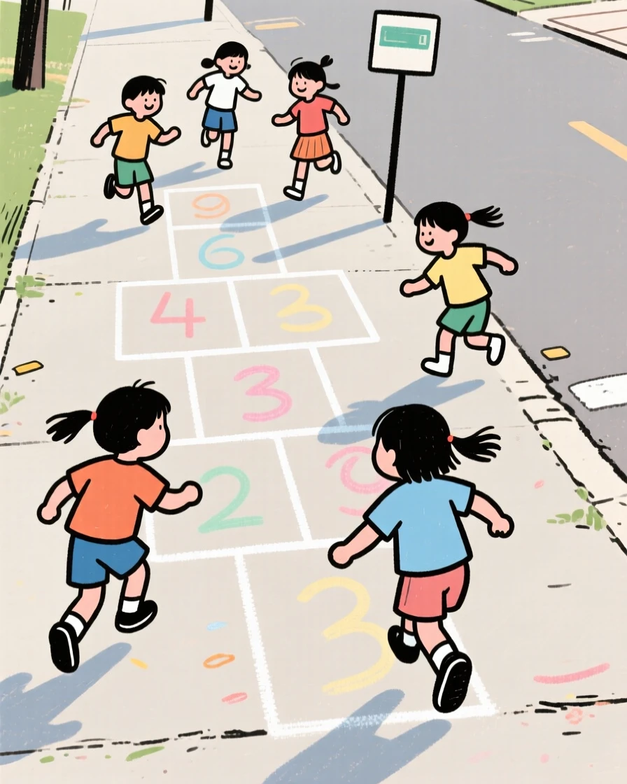 A group of children playing hopscotch on a chalk-drawn sidewalk.