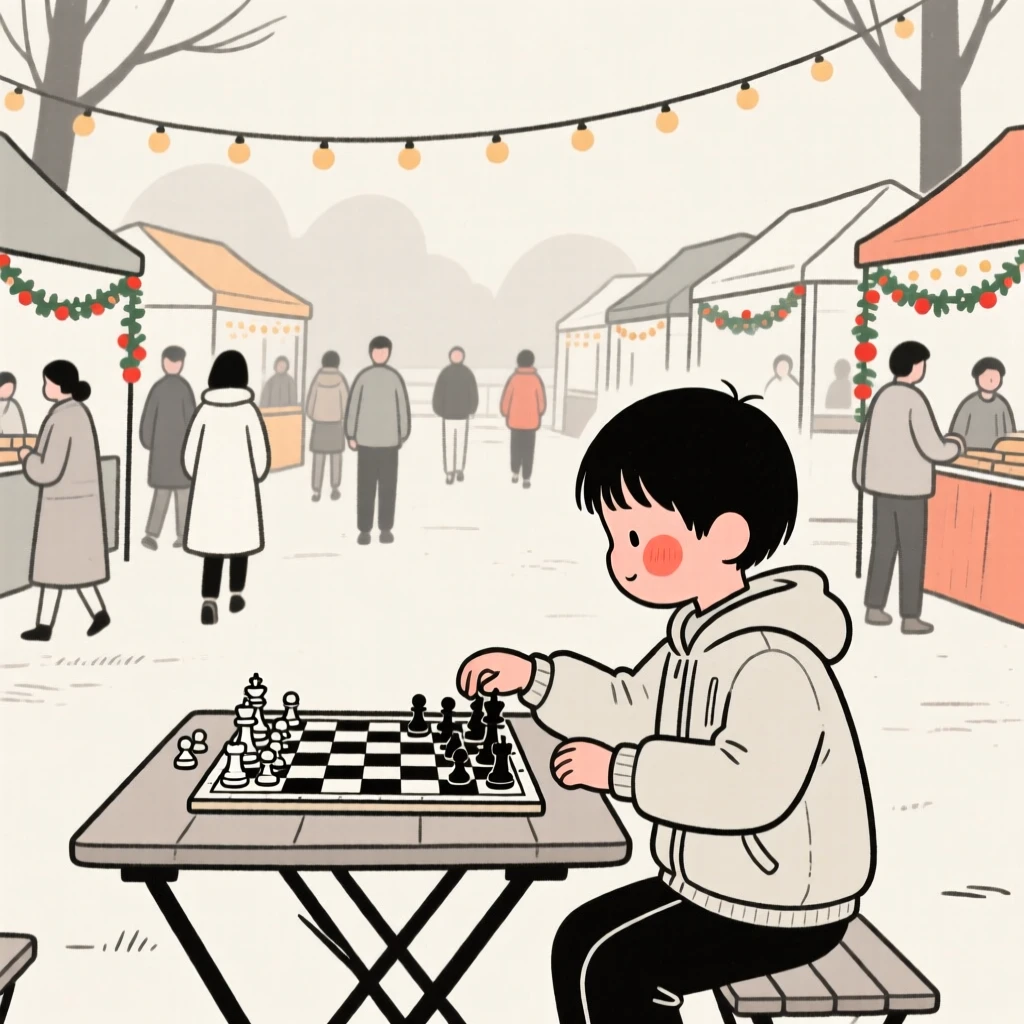 A young boy of Chinese heritage playing chess in a quiet park, at a bustling holiday market.