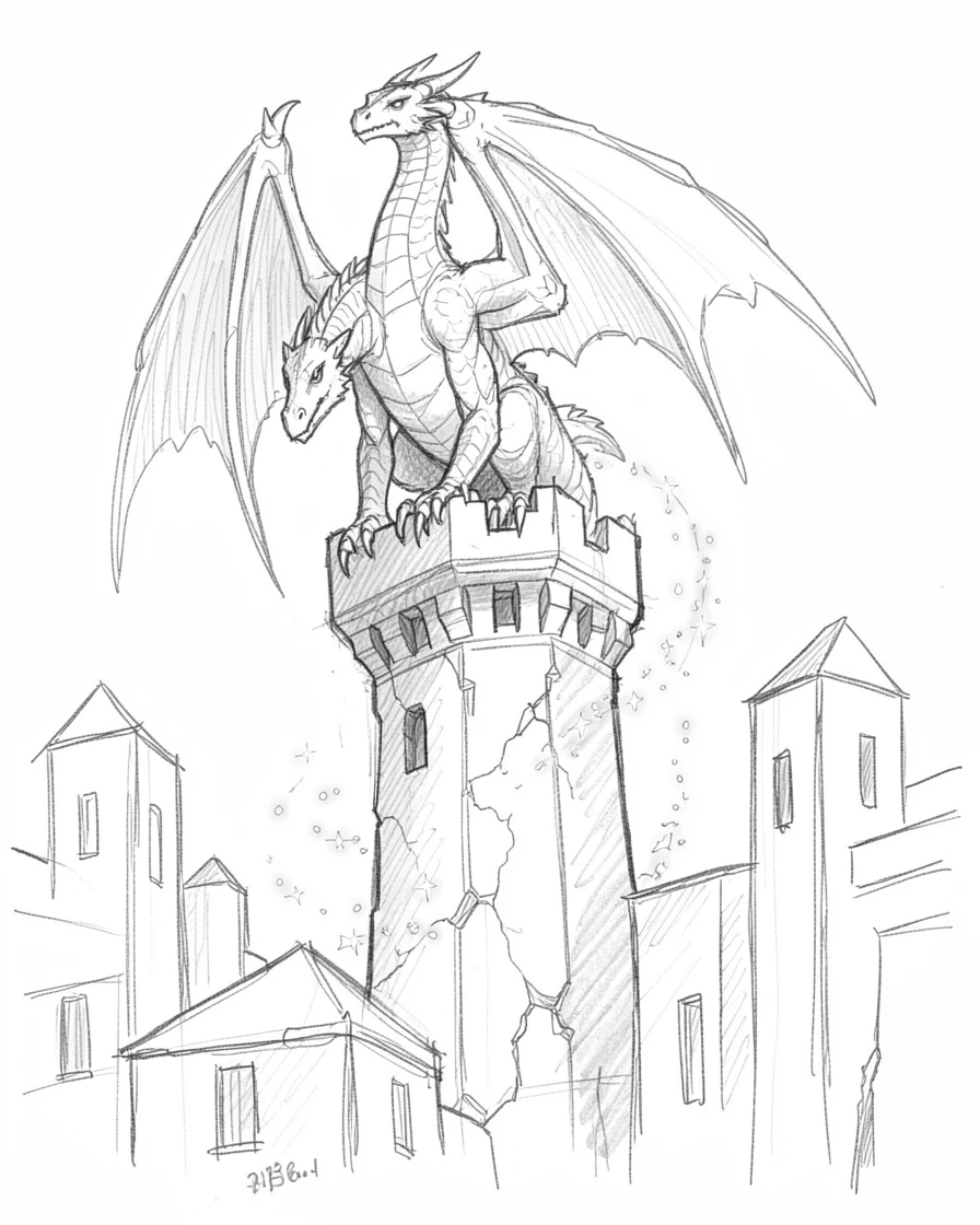 A magical, imaginative vision of a majestic dragon perched atop a crumbling tower within a city carved from luminous stone, with a trail of sparkling light marking the path.