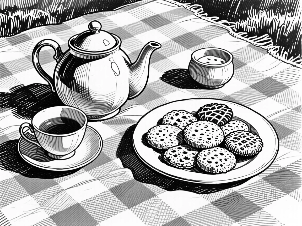 A tea set with a plate of biscuits resting on a checkered picnic blanket, with sunlight catching the glossy surface, presented in a quietly nourishing culinary still life.
