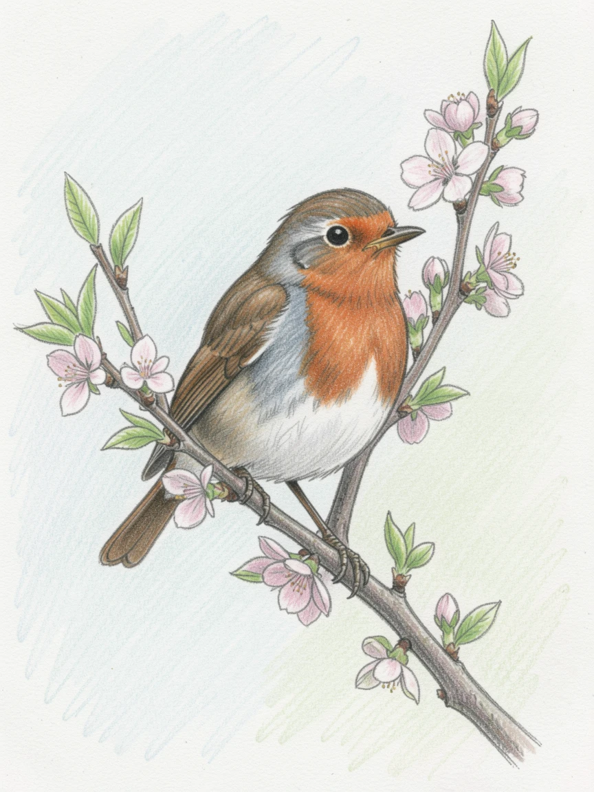 A robin resting on a blooming branch in early spring, captured in a quiet, intimate moment full of atmosphere, radiating comfort, joy, and quiet beauty.
