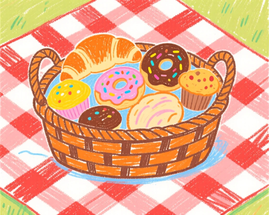 A basket of pastries resting on a checkered picnic blanket.