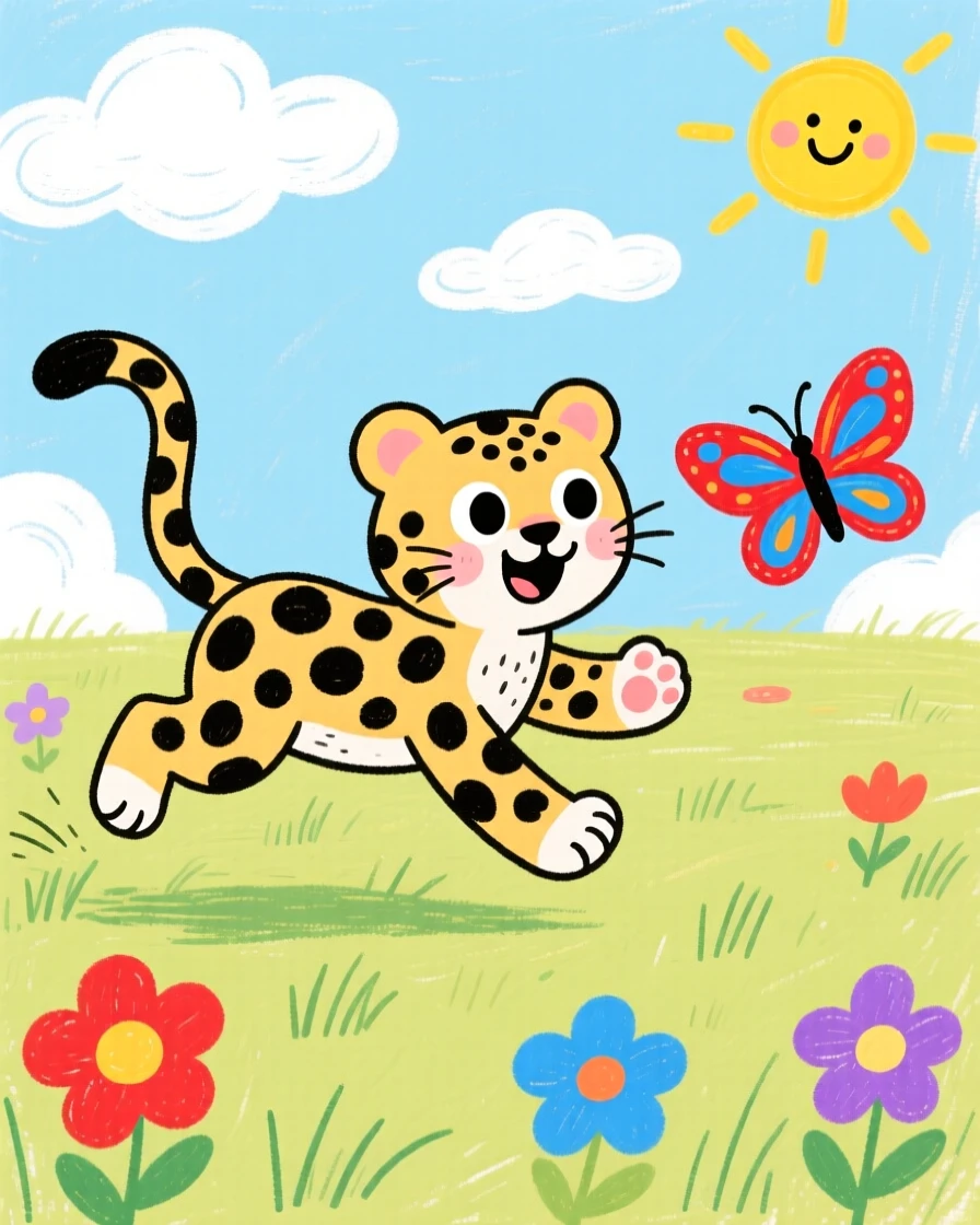A spotted baby leopard chasing a butterfly across a sunny field.