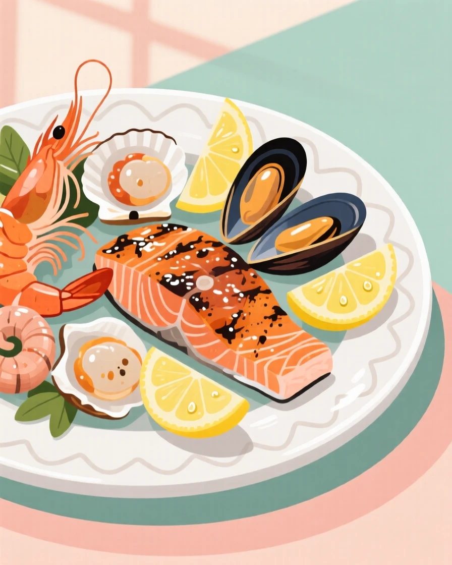 A platter of grilled seafood garnished with fresh lemon, set against a soft pastel backdrop, composed with soft natural light enhancing texture, with glossy highlights that make the dish look freshly made.