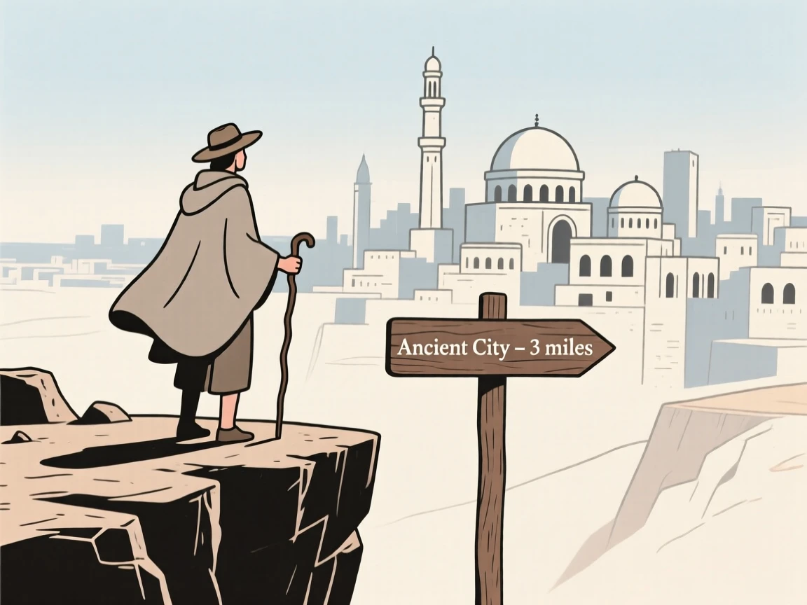 A traveler standing at the edge of a cliff overlooking an ancient city skyline.