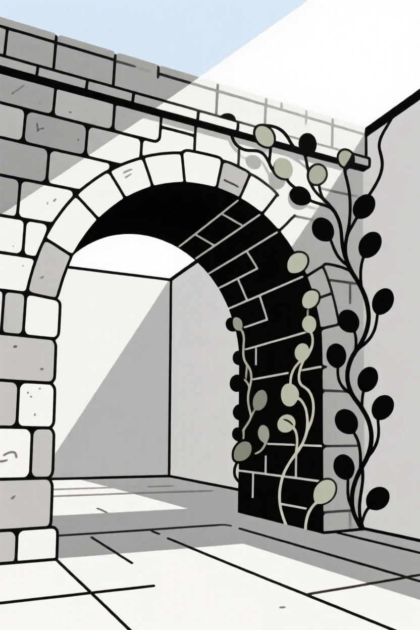 A view looking up at an old stone bridge from a sunlit courtyard, with climbing ivy in frame, evoking modern clarity.